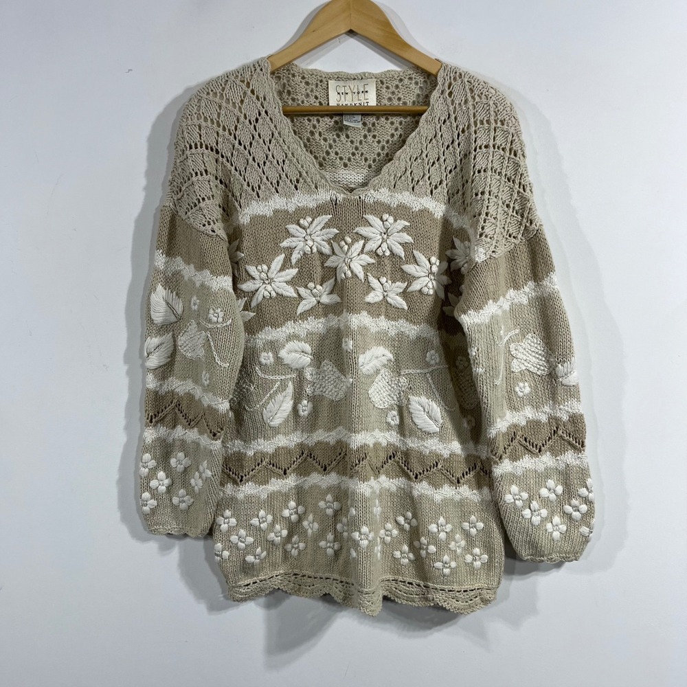 VTG Handknit Cottagecore Boho Floral Granola Folk Embroidered Sweater Small 90s